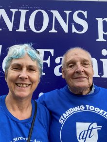 Karen Strickland, President of AFT Washington, and Burt Weston, Retiree Chapter Director, at the Labor Neighbor walk in the 42nd District last weekend.